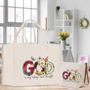 God is My Refuge and Strength Christian Cotton Canvas Tote Bag For Women Religious Gift Church Bible Bag Gift For Religious Mother (CTT1019)