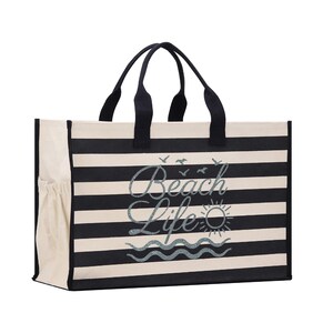 Striped Canvas Beach Tote Bag – XL, Zippered with Inner Pocket Black