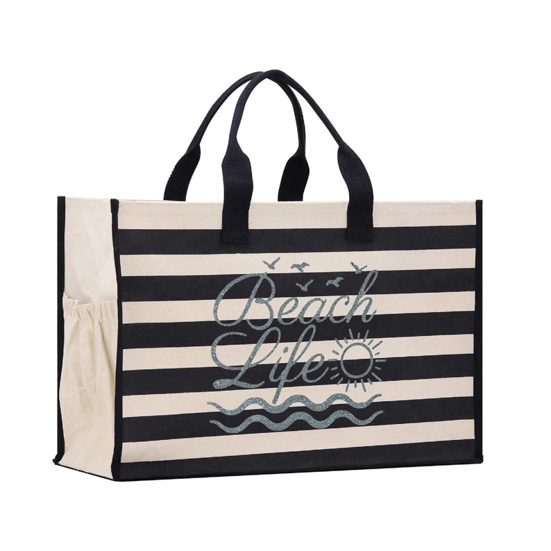 Striped Canvas Beach Tote Bag – XL, Zippered with Inner Pocket Black