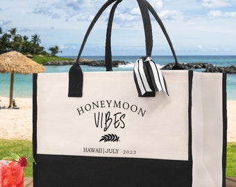 Honeymoon Vibes Personalized Canvas Tote Bag Custom Newlyweds Beach Tote Bag Honeymoon Gift Honeymoon Weekender Bag Engagement Gift