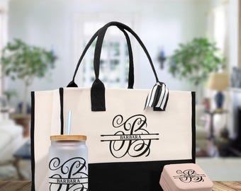 Personalized Initial Cotton Canvas Tote Bag, Frosted Can Glass Set (SMN1002), Split Initial and Name, Custom, Birthday Gift Wedding Gift