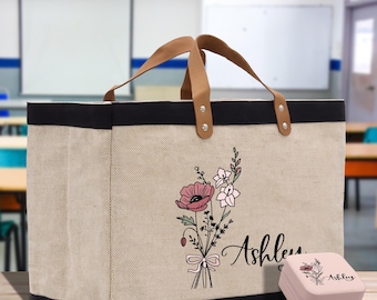 Birth Month Flower Personalized Name Jute Tote Bag Custom Flower Birthday Gift Burlap Bag Wedding Gift for Her Bridal Bridesmaid Market Bag