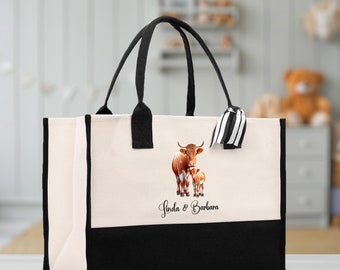 Cow Mom And Baby Name Custom Cotton Canvas Tote Bag Custom Pet Lover Gift Pet Portrait Bag Personalized Pet Owner Gift Tote Bag