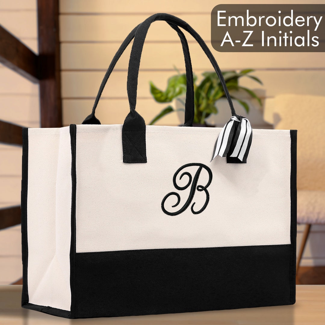 Personalized Cotton Canvas Beach Tote Bag Monogram Tote Bag Initial ...