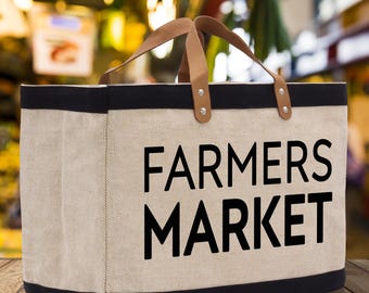 Farmers Market Jute Tote Bag, Canvas Shopping Bag with Leather Handles (FMT1003)
