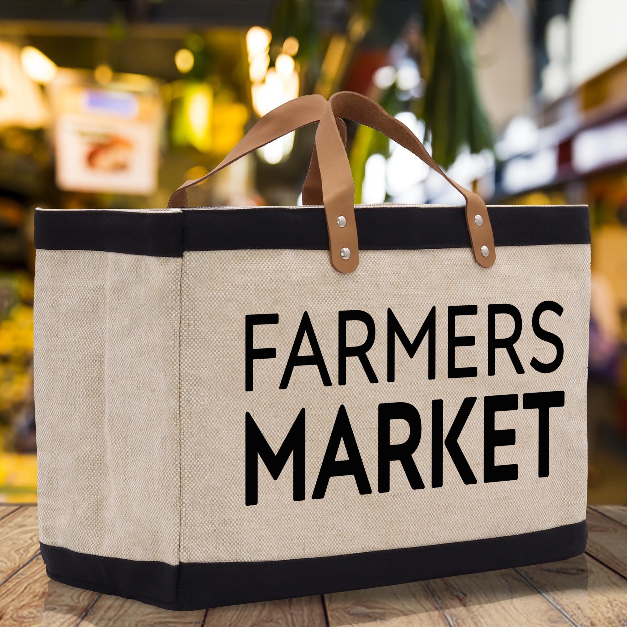 Farmers Market Jute Tote Bag, Canvas Shopping Bag With Leather