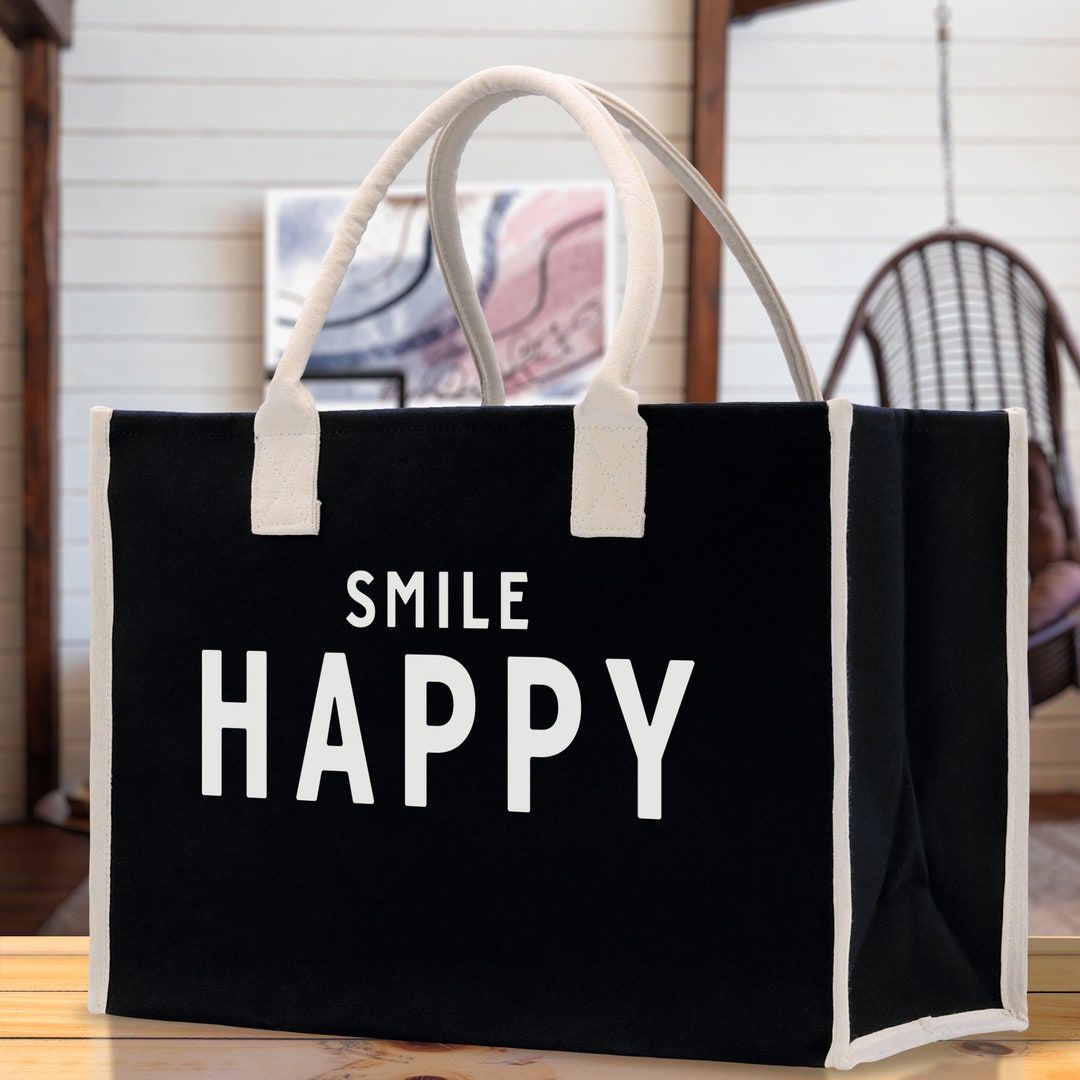 Smile Happy Cotton Canvas Chic Beach Tote Bag Multipurpose Tote ...