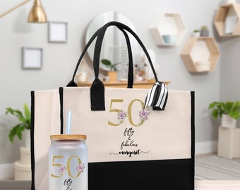 50 Fifty and Fabulous 50th Age Birthday Cotton Canvas Tote Bag 50th Birthday Gift For Women 50th Birthday Celebration Party Gift