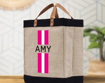 Sac fourre-tout en toile rayé personnalisé, sac de plage monogramme personnalisé