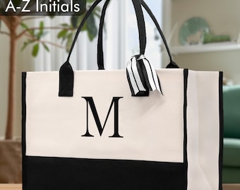 Personalized Cotton Canvas Beach Tote Bag Monogram Tote Bag Initial Canvas Tote Bridesmaid Gift Tote Custom Beach Bag Gift for Her A-Z