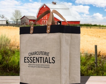 Charcuterie Essentials Jute Tote Bag, Farmers Market Canvas Shopper (FT1009)