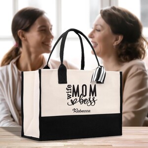 Custom Name Wife Mom Boss Cotton Canvas Tote Bag Mom Stuff Bag Mommy Bag New Mom Gift Best Mom Ever Bag Boy Girl Mama Tote (MTRB1011)