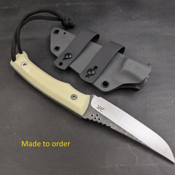 Hyaenodon knife fixed blade handmade EDC tactical micarta handle kydex sheath fulltang knife forged  blackwash stonewash hollowgroud