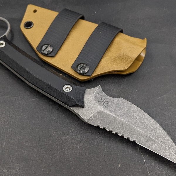 Gharial knife fixed double edged blade serrated karambit pikal handmade kydex sheath stonewash edc tactical holster blackwash