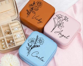 Custom Jewelry Case, Birth Flower Jewelry Travel Case, Birth Month Flower Gift, Personalized Etched Gift, Birthday Gift, Bridesmaid Gift