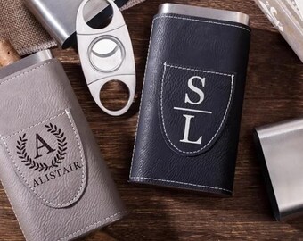 Custom Leather Cigar Case with Cutter, Groomsmen Gifts, Best Man Gift, Men's Birthday Gift Personalized Leather Cigar Case, Cigar Cutter Set