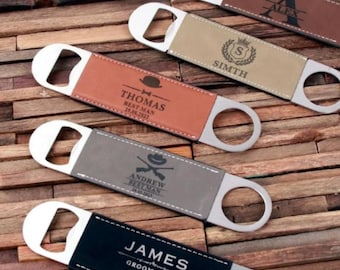 Drink and Barware, Stainless Steel Bottle Opener, Personalized Engraved Leatherette Bottle Opener, Beer Party Favor, Bar Tools, Gift for Him