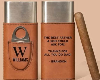 Personalized Leather Cigar Case with Cutter, Travel Humidor