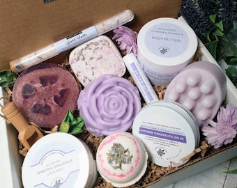 Lavender Spa Gift Set, Natural Self-Care Box, Bath Bombs, Body Butter