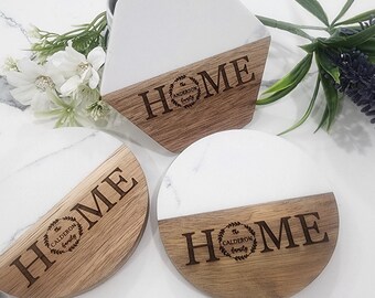 Custom Engraved Marble Wood Coasters, Housewarming Gift, Wedding Gift, Personalized Valentines Couple Gift, Engagement Gift, Gift for Her