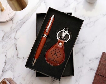 Corporate Gift Set Keychain Gift Set Laser Engraved Logo Business Promotion Personalized Stationery Pen and Key chain Set, Office Gift Box