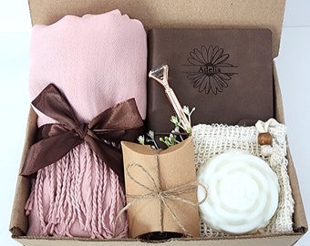 Personalized Hygge Gift Box for Her | Cozy Cashmere Blend Scarf, Notebook, Fuzzy Socks | Spa Gift Basket, Holiday Gift, Mother's Day Gift