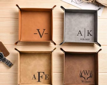 Leather Tray for Men, Personalized Fathers Day Gift, Engraved Vegan Leather Valet Tray, Custom Catch All Tray, Father's Day Gifts for Dad