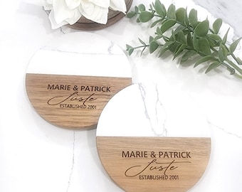 Engraved Marble Wood Coasters, Personalized Wedding Gift