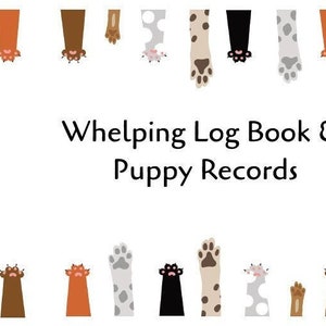 May include: A printable log book and puppy records for dog breeders. The cover features a border of paw prints in various colours, including brown, orange, black, white and grey.