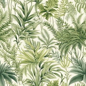 May include: A seamless pattern featuring various types of green foliage, including ferns, palm leaves, and other tropical plants. The background is a light cream color.