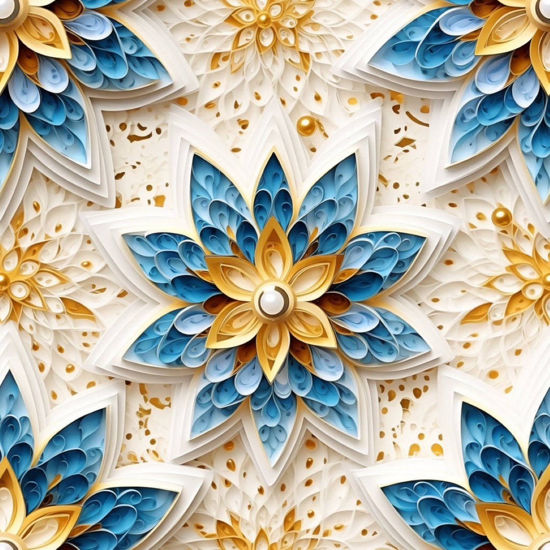 Blue and Gold Floral Digital Paper, Stylized Flowers, 12x12 (PDF ...