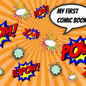 以下が含まれることがあります： 「MY FIRST COMIC BOOK」と書かれた吹き出しのあるカラフルなコミックの背景。背景はオレンジ色で、白いドットと黄色の光線が描かれている。赤い、黄色い、青い色の「BOOM」「POW」「KAPOW」「ZAP」などの言葉が書かれた吹き出しがいくつかある。