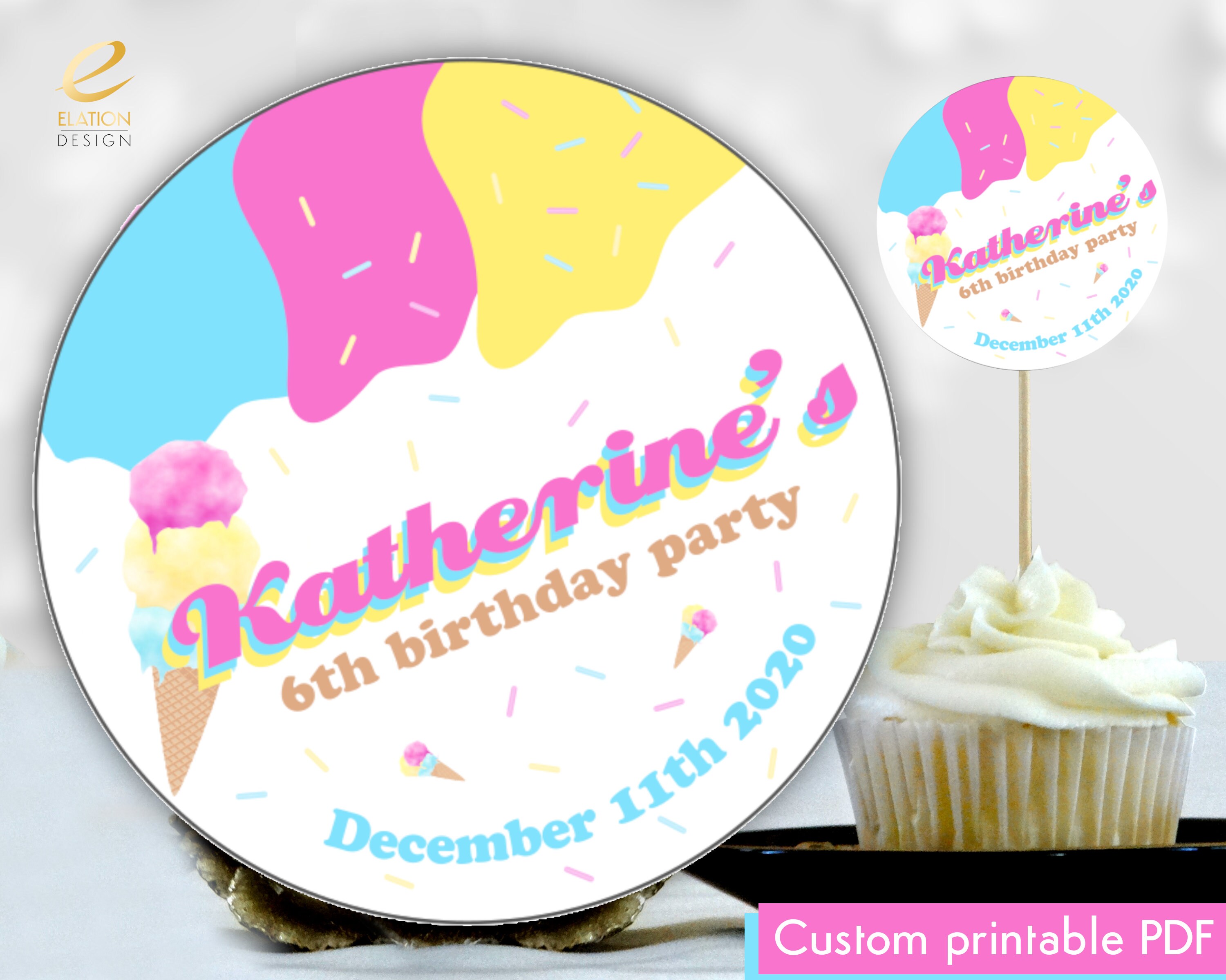 Printable Ice cream themed party cupcake toppers Custom name Etsy España