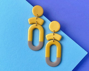 Yellow Earrings, Long Dangles, Polymer Clay Statement Earring, Yellow Tan Dangles, Manueline Boutique