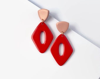 Hot Red and Dusty Pink Earrings, Summer Earrings, Polymer Clay Statement Earring, Red Pink Dangles, Manueline Boutique