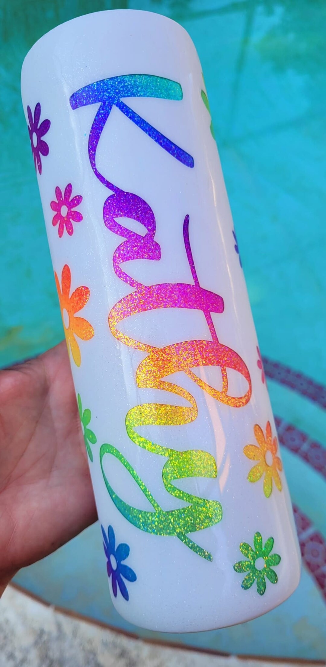 Neon Rainbow Glitter Tumbler, Flower Tumbler, Peekaboo Glitter Tumbler