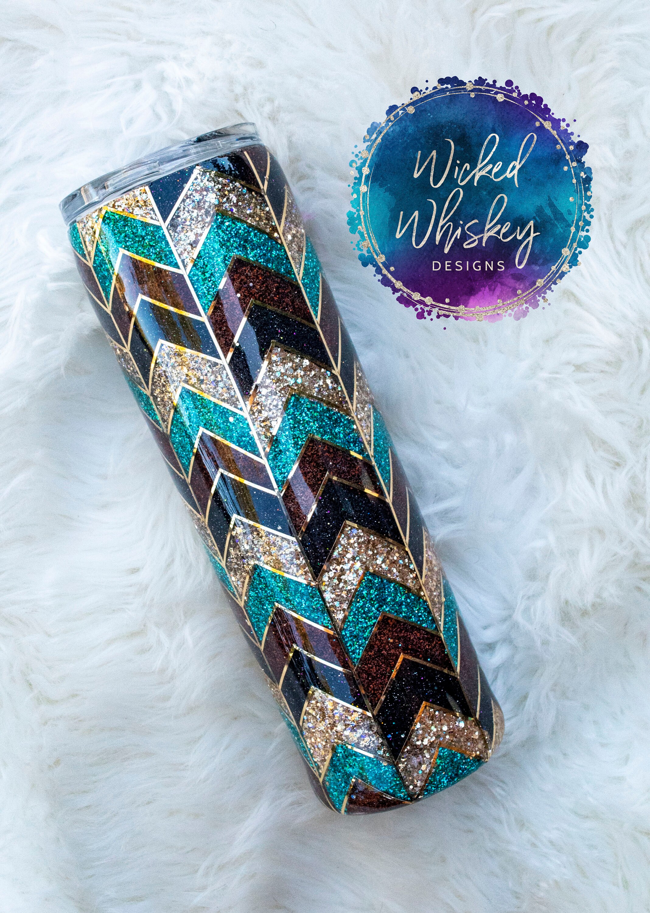 Tangram Tumbler Chevron Glitter Tumbler Teal and Gold Etsy