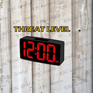 May include: A digital clock with a black case and red numbers displays 12:00 AM. The clock has the words "THREAT LEVEL" in yellow letters above it.