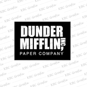 May include: Black and white logo for Dunder Mifflin Paper Company. The logo features the company name in a bold, white font with a stylized comma after "Mifflin".