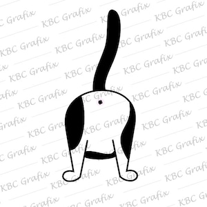 Può includere: Illustrazione di cartone animato in bianco e nero del sedere di un gatto con la coda che punta verso l'alto.