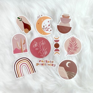 Boho Aesthetic Stickers 10 Pack | Laptop Hydroflask Water Bottle Vinyl Decals | Celestial Moon Neutral Beige Positivity Sticker Pack