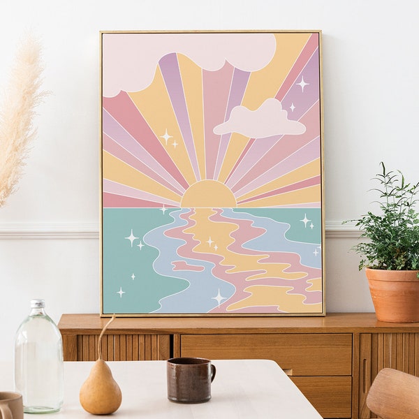 Pastel Sunset Poster, Aesthetic Poster, Sun Rays Beach Print, Danish Pastel Retro Sunset Printed Wall Art, Ocean Sunset Art 080