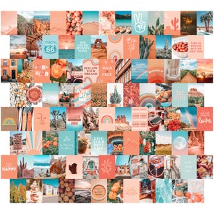 100 PRINTED 4x6 Peach and Teal Aesthetic Wall Collage Kit 4x6, VSCO Orange Photo Collage, Peachy Boho Wall Art Set, Desert theme girls decor