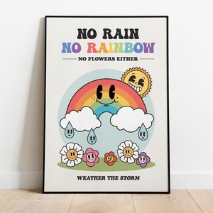 Retro Rainbow Poster, Cute Wall Art Print, Positive Quote Poster, No Rain Rainbow Room Decor, Hippie Aesthetic 60s 70s Posters Kids 041