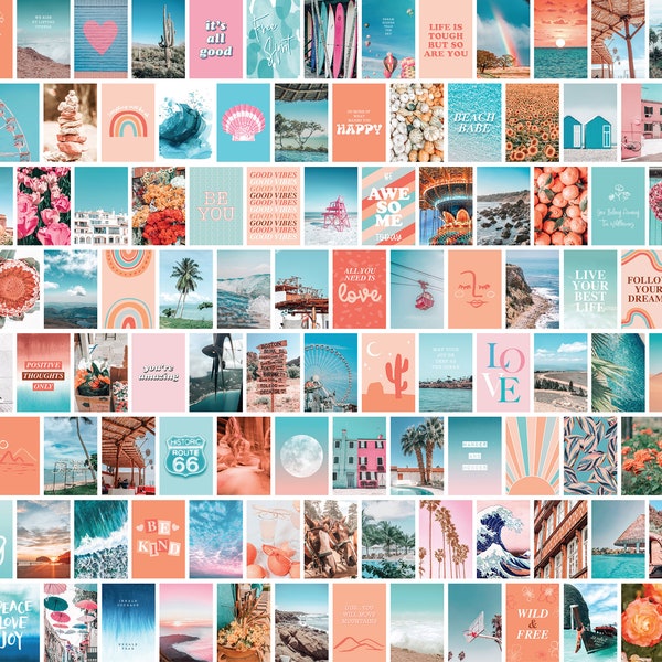 100 PRINTED 4x6 Peach Blue Aesthetic Wall Collage Kit 4x6, VSCO Photo Collage, Beach Dessert Boho Wall Art Set, Girls decor, Gift for teens