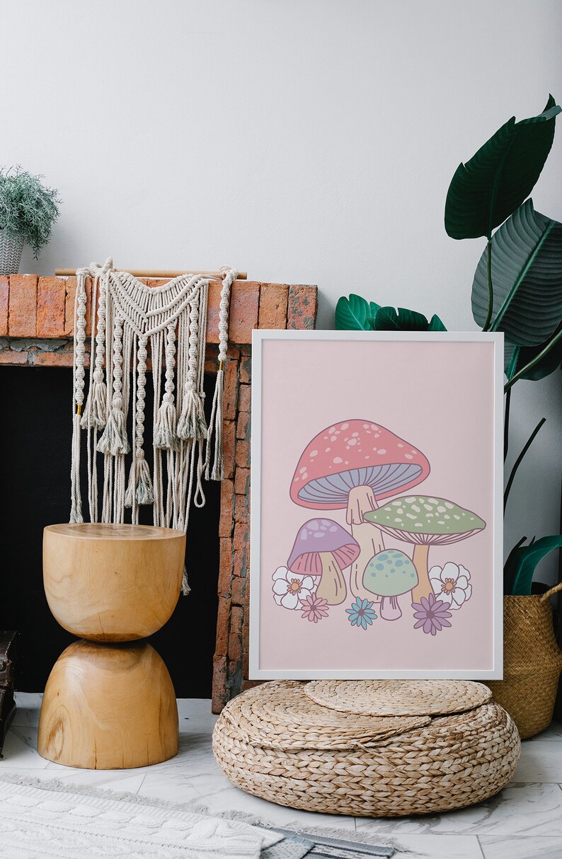 Pastel Mushroom Wall Art Print Retro Aesthetic Poster Etsy