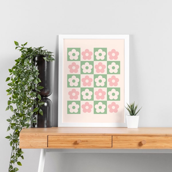 Danish Pastel Flower Wall Art Decor, Retro Aesthetic Poster, 70s Decor Printed Poster, Green Pink Flower Checker Print, Cute Room Decor 047