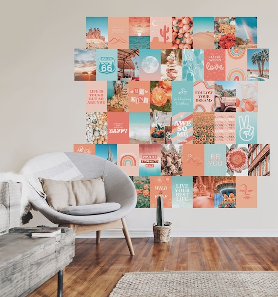 50 PRINTED 8x10 Peach and Teal Aesthetic Wall Collage Kit 