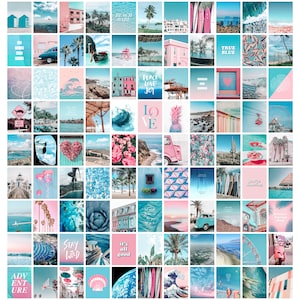 100 PRINTED 4x6 Summer Blue Pink Aesthetic Wall Collage Kit 4x6, VSCO Photo Collage, Beach Summer Wall Art Set, Ocean theme girls decor