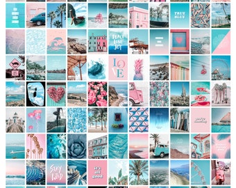100 PRINTED 4x6 Summer Blue Pink Aesthetic Wall Collage Kit 4x6, VSCO Photo Collage, Beach Summer Wall Art Set, Ocean theme girls decor